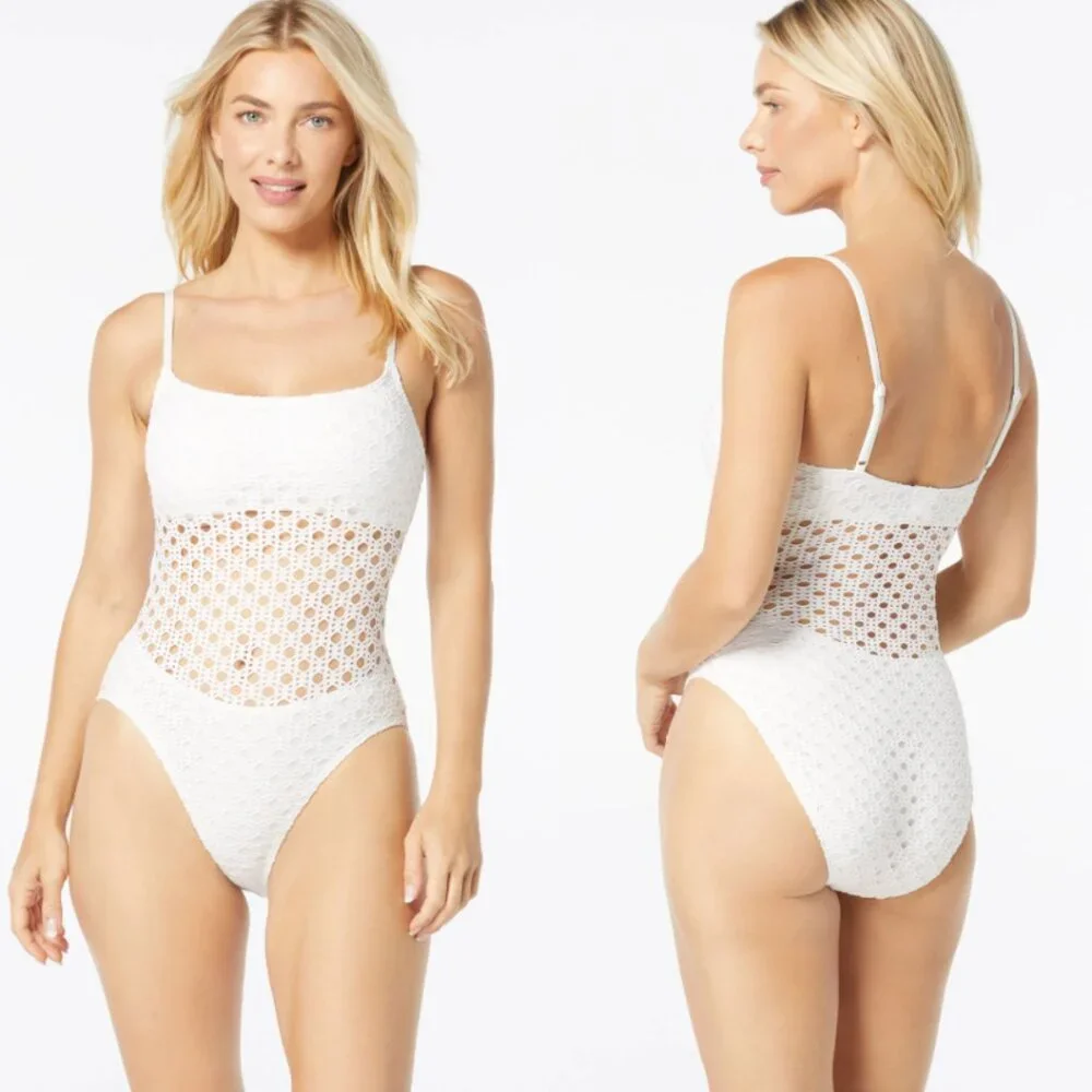 Carmen Marc Valvo Ivory Crochet Scoop-Back One-Piece Swimsuit